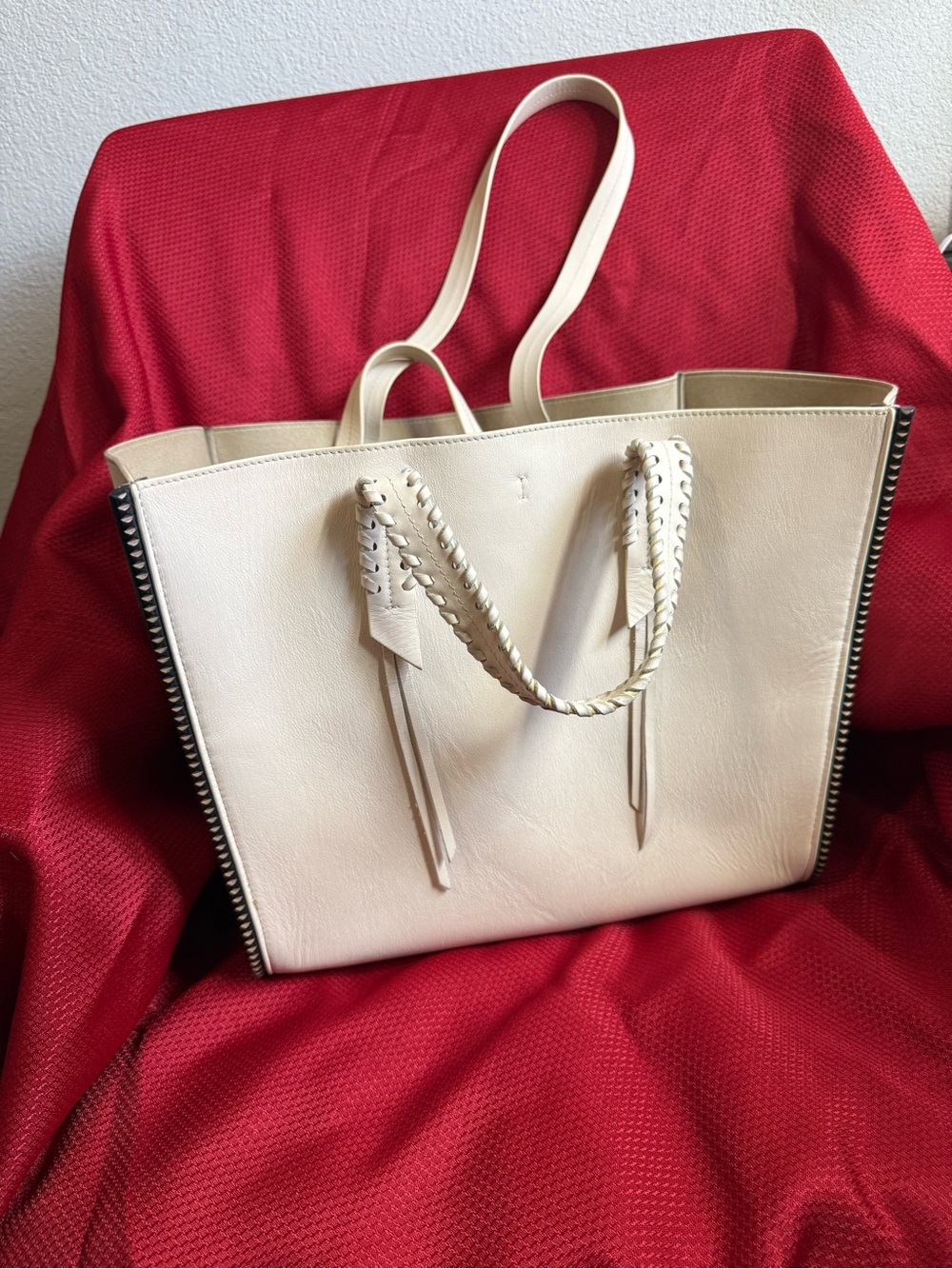 FRĒDA SALVADOR Italian Leather Miko Tote Bag Cream Off-White Whipstitch